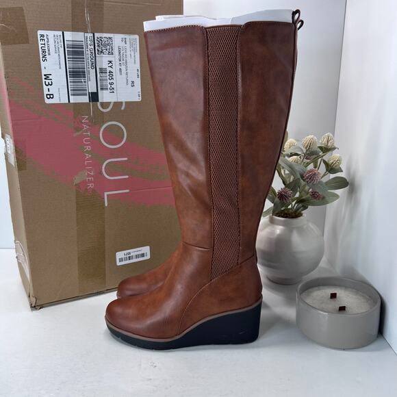 SOUL Naturalizer Adrian Knee High Wedge Boots Toffee Women 6M Wide Calf Tried On - Picture 1 of 12